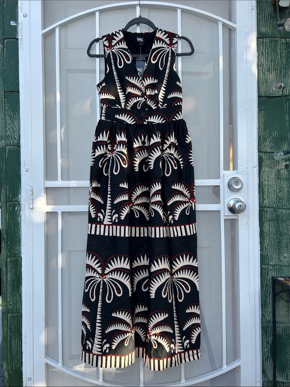 INC International Concepts Black Maxi Dress with Cream & Red Pattern